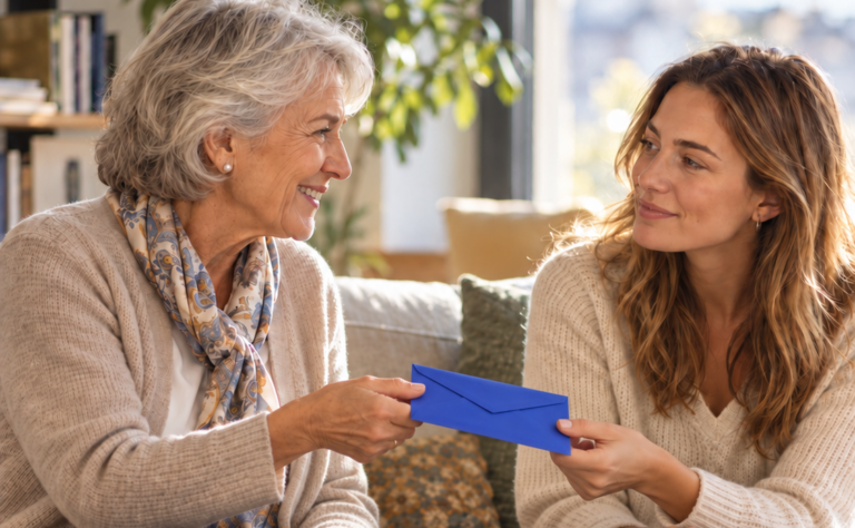 Oma geeft gelegenheidsgeschenk aan kleindochter.